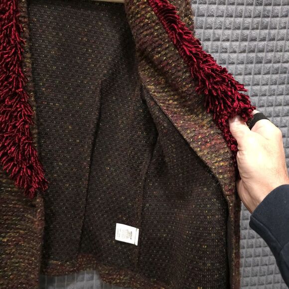 VTG Red Fringe Cardigan Sweater SzM Holiday Thin Knit Wool Shoulder Pads 80s 90s - Picture 12 of 16